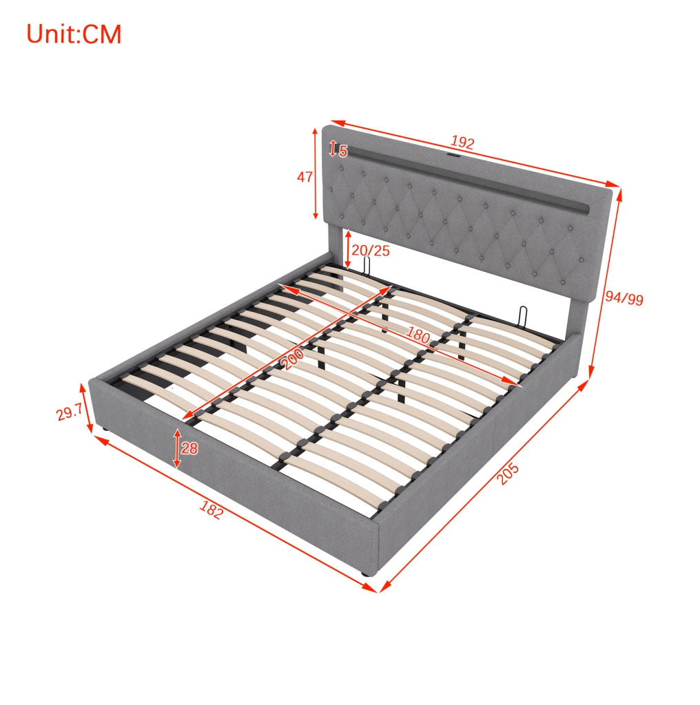 Letto imbottito 180x200 cm con contenitore, LED e porte USB