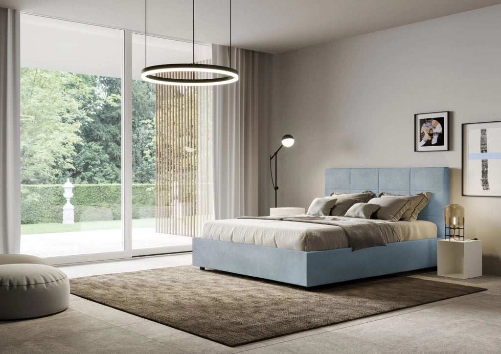 BS COM Letto matrimoniale king size contenitore imbottito 170x200 microfibra azzurro