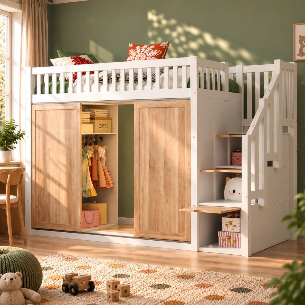 Letto a soppalco per bambini 90 x 200 cm, multifunzione con armadio e armadio scala, striscia LED colorata, senza materasso - Bianco e rovere