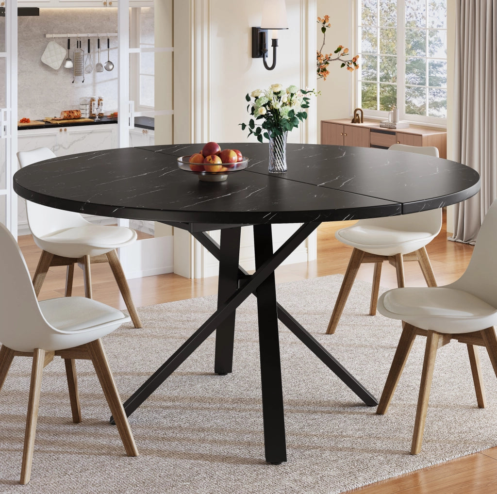 Tavolo rotondo allungabile 100-140 cm effetto marmo con struttura a X nera
