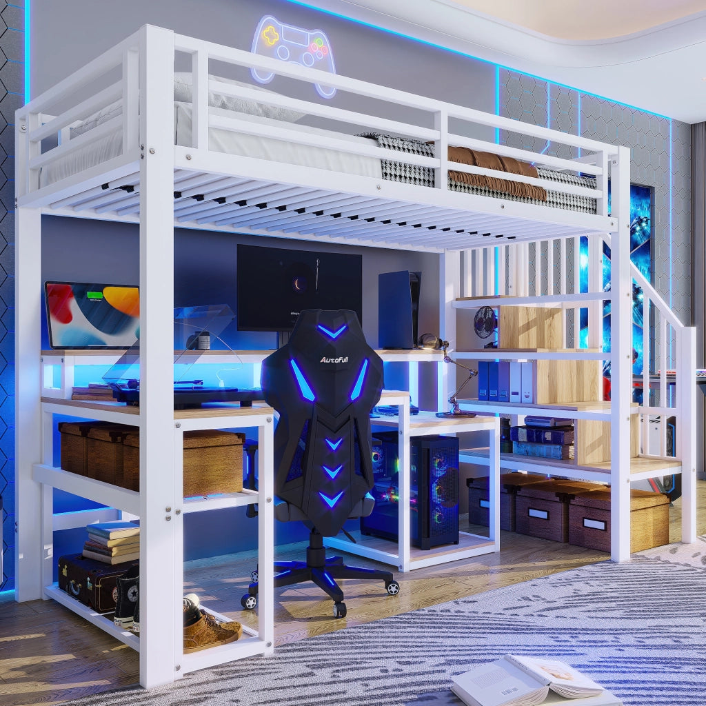Letto a soppalco 90 ¡Á 200 cm con ripiani; scala con contenitore; barriera; LED multicolore; metallo e MDF bianco