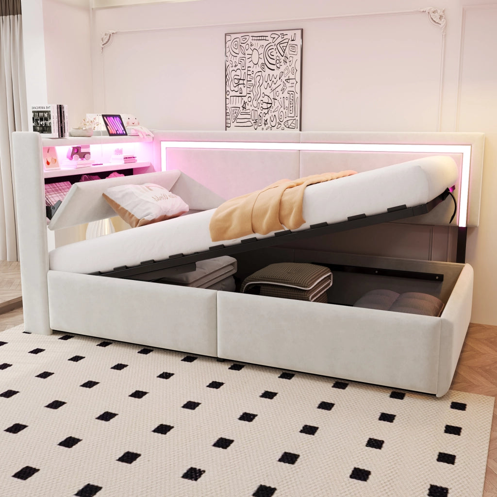 Letto singolo trasformabile 90 × 200 cm con contenitore LED USB in velluto beige