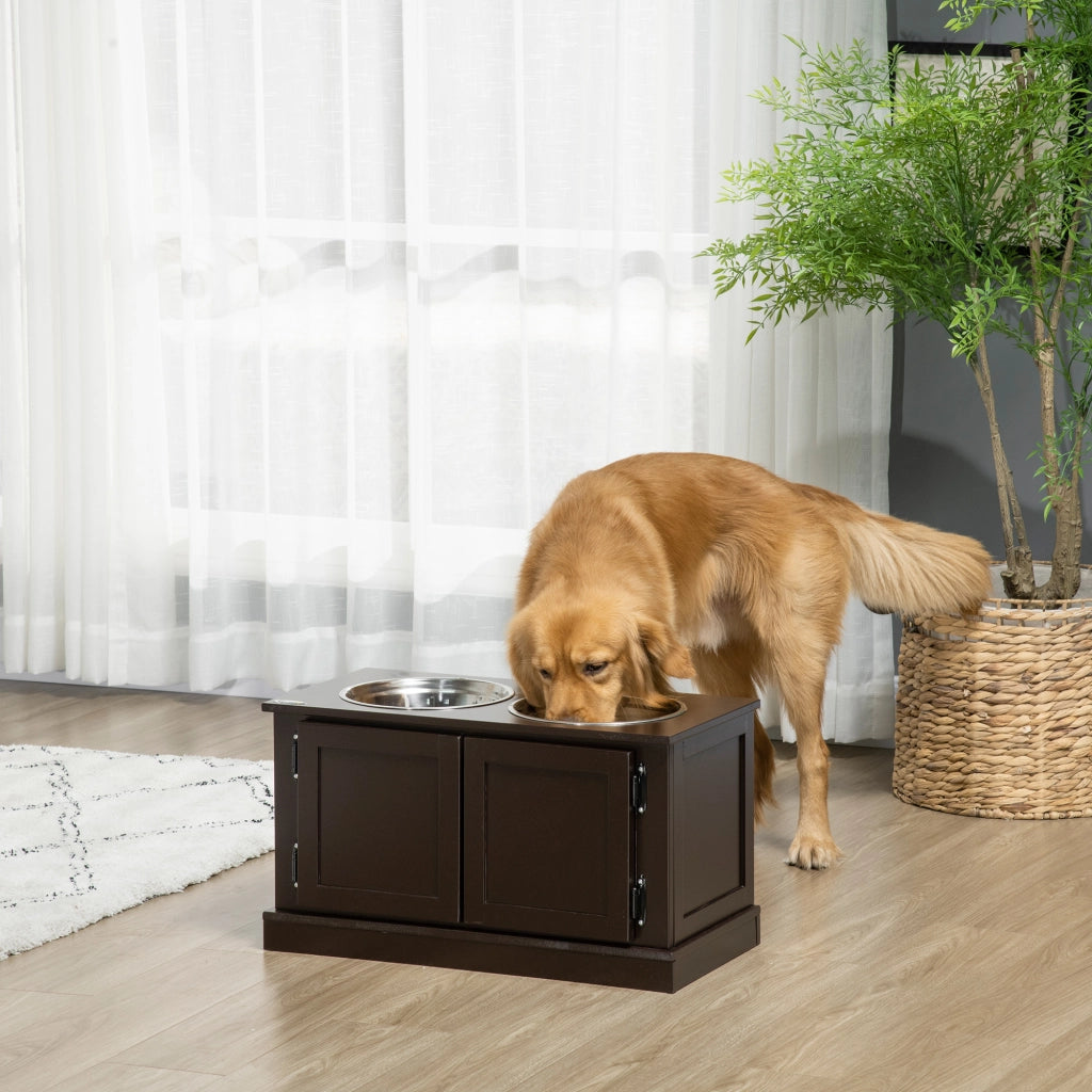 Desviae Mobile rialzato per ciotole per cani con 2 ciotole estraibili in acciaio inox e vano contenitore color caffè 60 × 30 × 34 cm