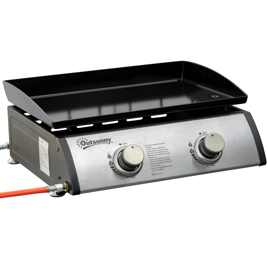 Piastra Barbecue a Gas da Tavolo, Nero, Antiaderente, Compatta per Esterni, 48.5x46x21cm, con 2 Bruciatori e Potenza 6kW