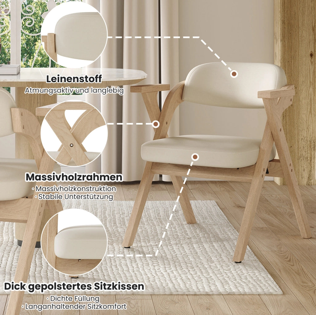 SEDIA Pieghevole in legno massello e lino beige con braccioli Set da 4 pezzi