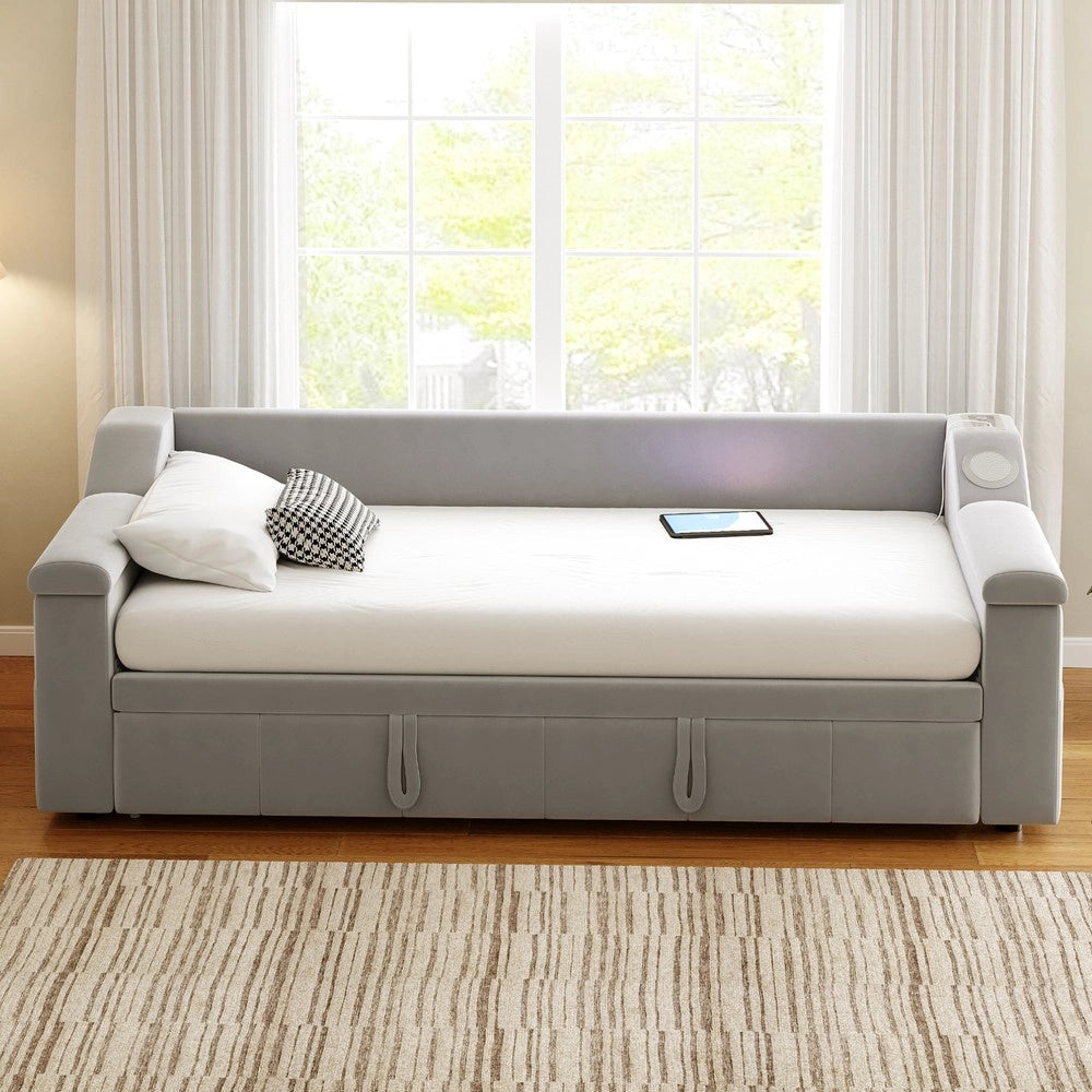 Letto Imbottito con Rete a Doghe e Bluetooth ¨C MINIMAL ¨C Velluto Grigio Chiaro 90x190 / 180x190