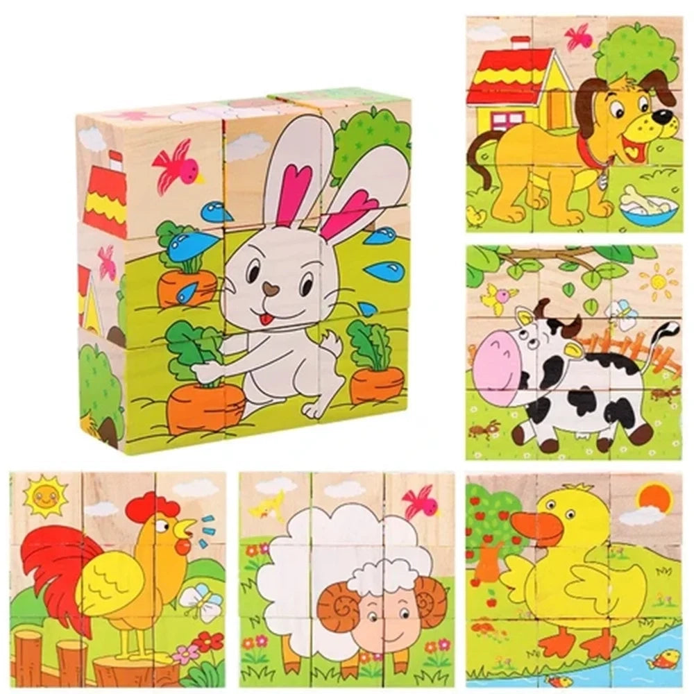 Trade Shop - Puzzle Rompicapo Cubi Legno Per Bambini Design Animali Fattoria Giocattoli Educativi 31586 -