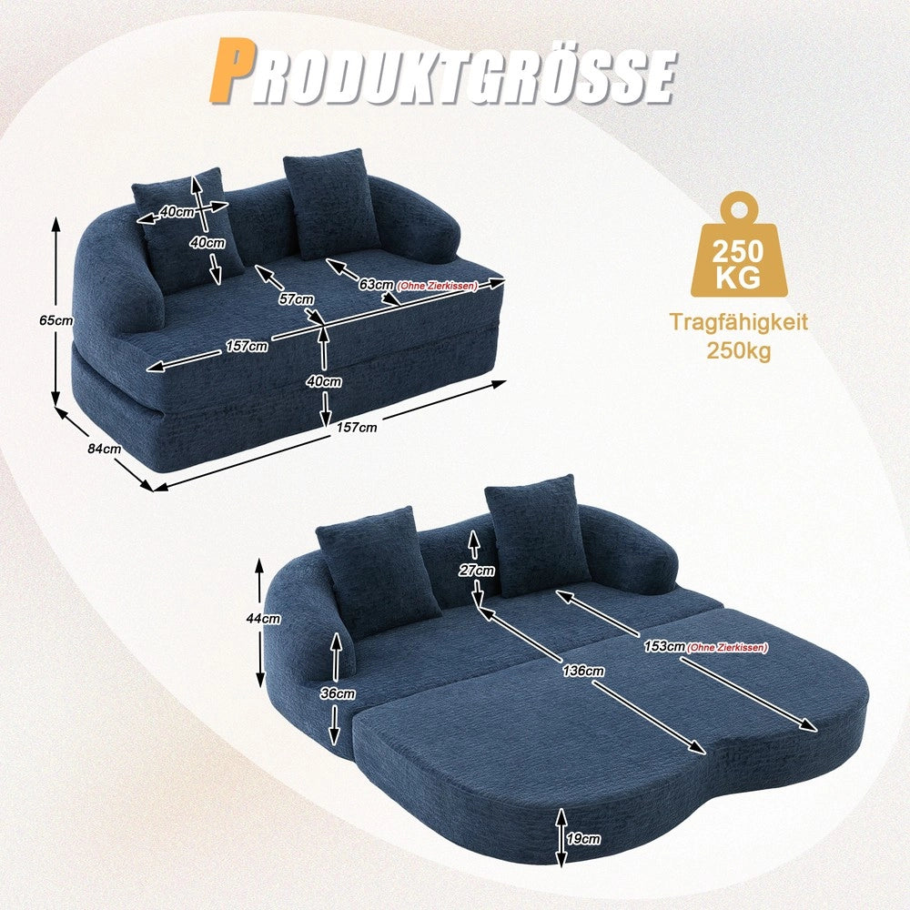 Divano letto 2 posti ¨C Minimal ¨C Chenille blu, con due cuscini