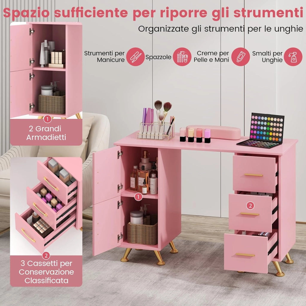 Tavolo per Manicure, Tavolo per Unghie con Cassetti, Cuscino Poggia Polsi e Gambe in Metallo, Stazione per Unghie Estetista Nail Art per Salone di Bellezza (Rosa)