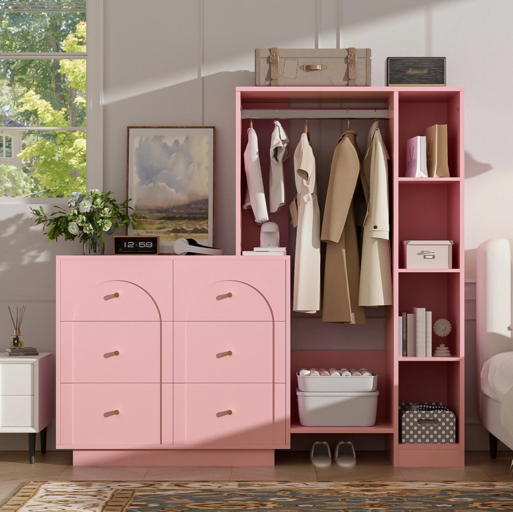 Armadio multifunzione rosa con appendiabiti, 6 cassetti e ripiani