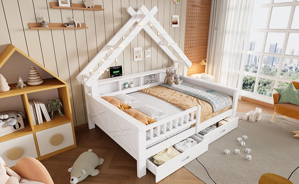 Letto a casetta 140 x 200 cm, 2 cassetti + mensole, LED, MDF e pino, bianco, per camera bambini
