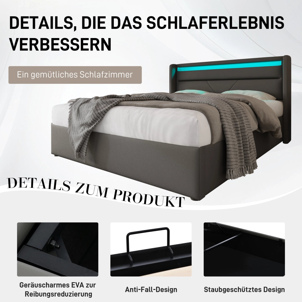Letto imbottito 140x200 cm con contenitore, LED in PU grigio