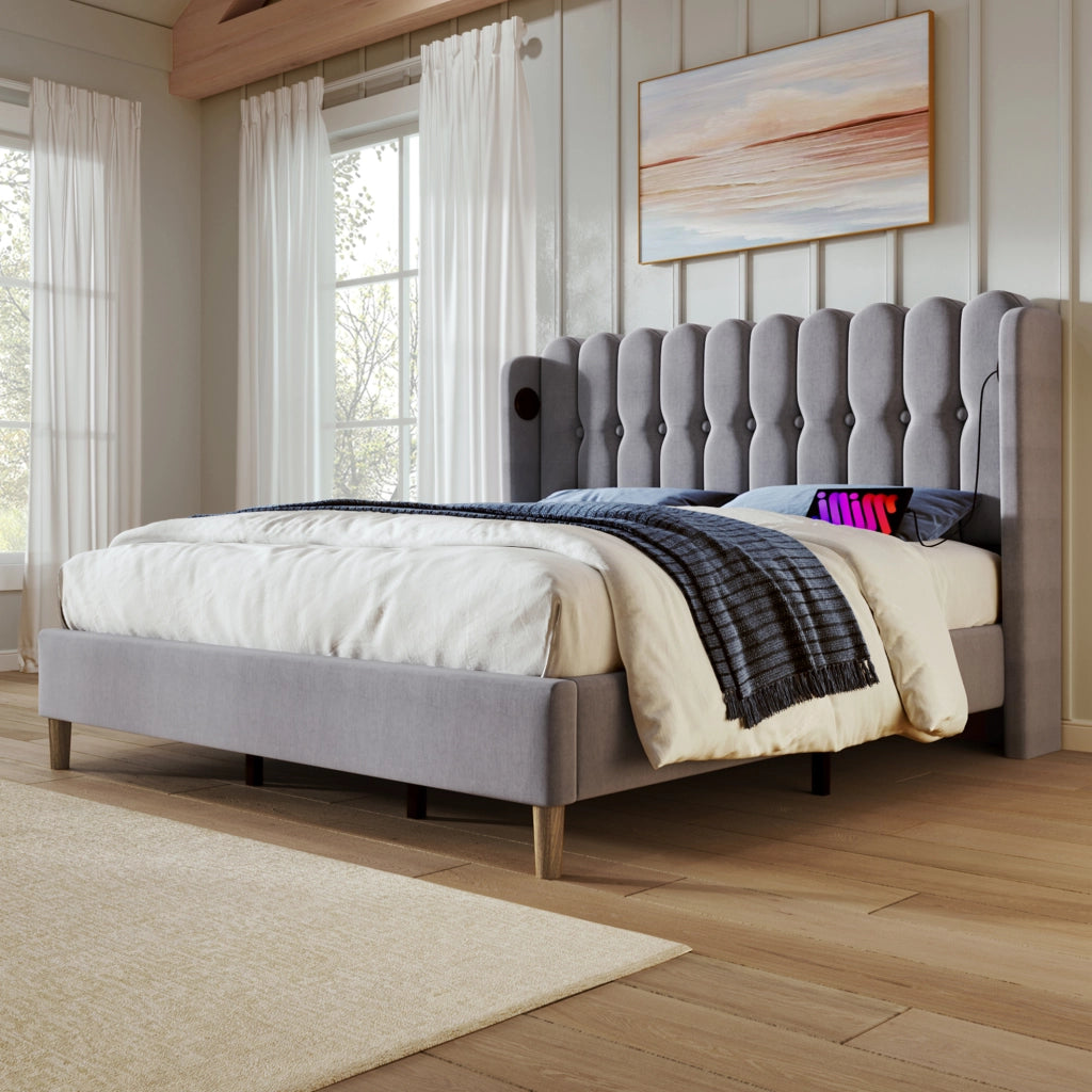 Letto matrimoniale 180x200 cm con USB e USB C; lino grigio