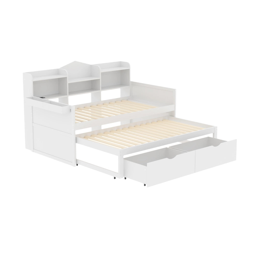 Divano letto singolo 90x200 cm bianco con letto estraibile, cassetti e USB