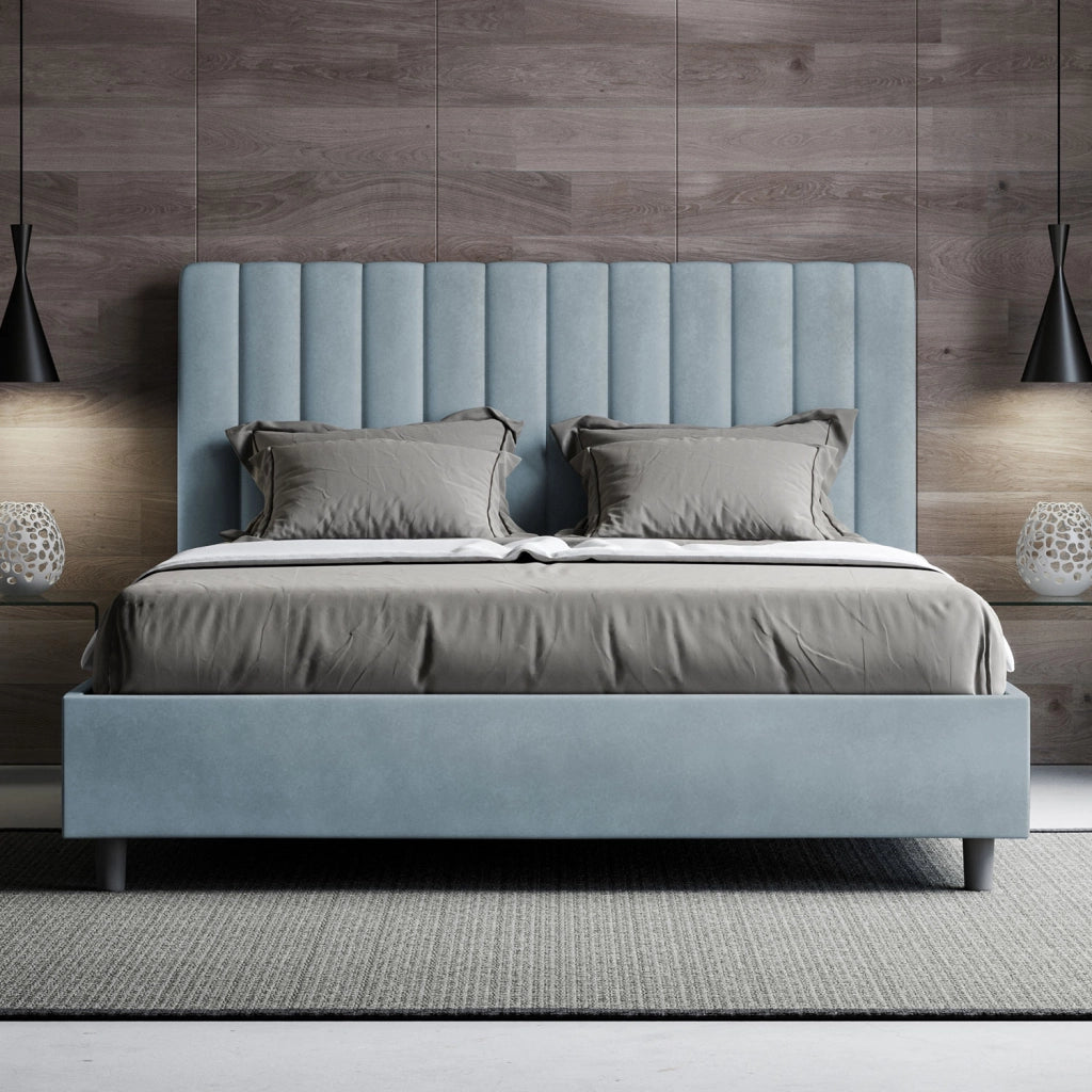 BS COM Letto una piazza e mezza con rete imbottito 130x190 microfibra azzurro