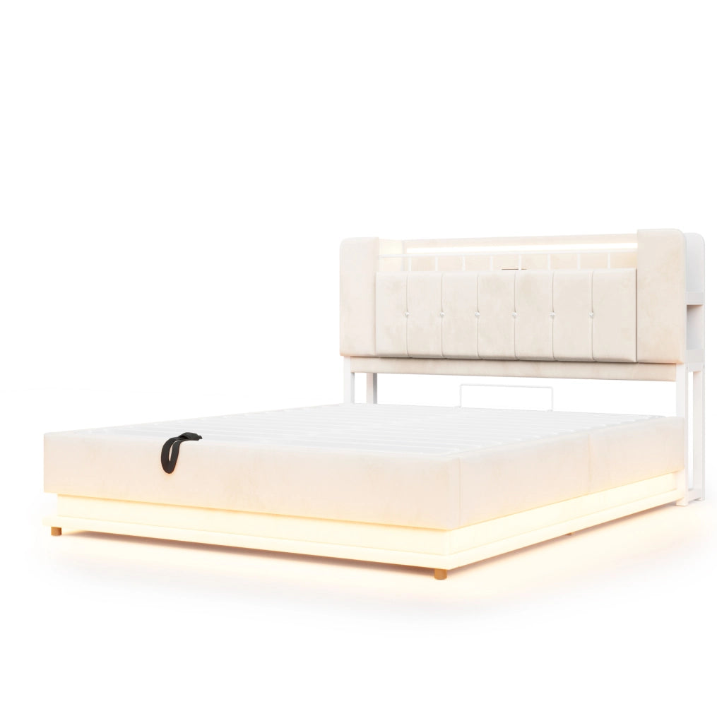 Letto imbottito 160x200 cm con LED, USB e contenitore idraulico in velluto beige