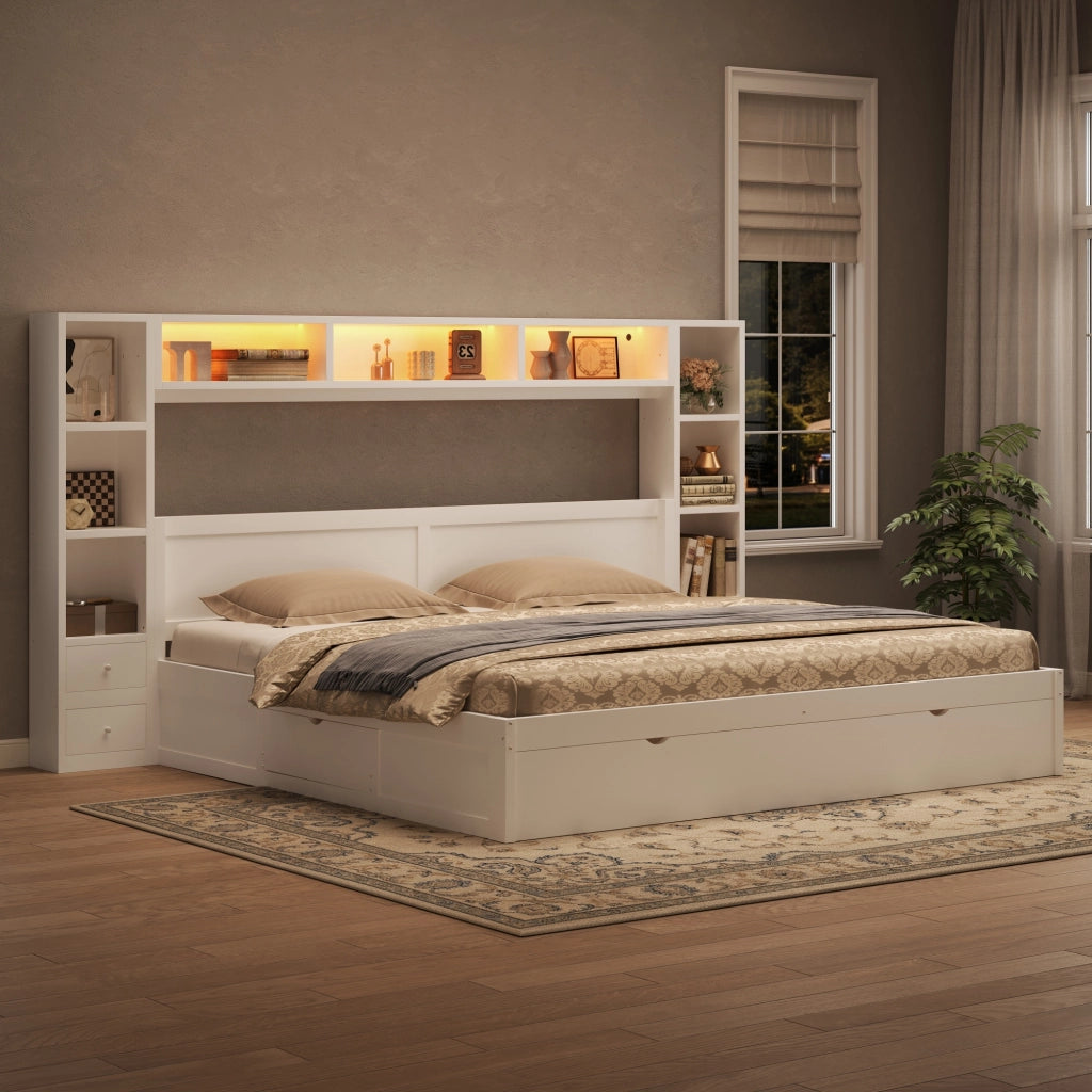 Letto matrimoniale a piattaforma 180 × 200 cm con testiera e pediera MDF e compensato bianco con 7 cassetti e LED