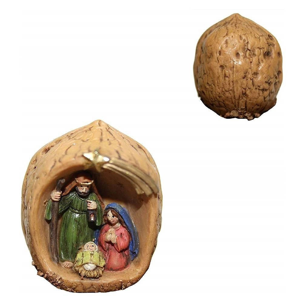 Trade Shop - Presepe Natività Dentro Noce Resina 4,5cm Decoro Sacra Famiglia Decorazione Natale -