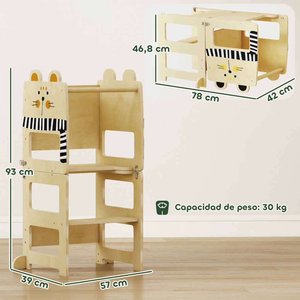 Torre di Apprendimento 3 in 1 ¨C Xylo ¨C Pieghevole Convertibile Scrivania Sedia con Lavagna Gatti Legno Naturale