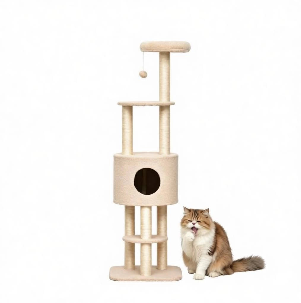 Tiragraffi multilivello beige con nicchia e tirasgraffi in sisal