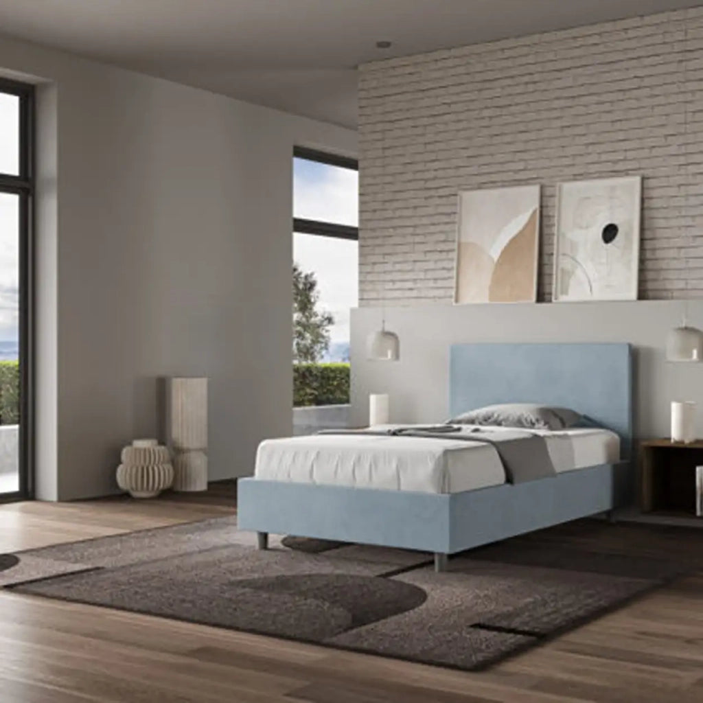 Letto una piazza e mezza contenitore imbottito 120x210 microfibra azzurro Adele