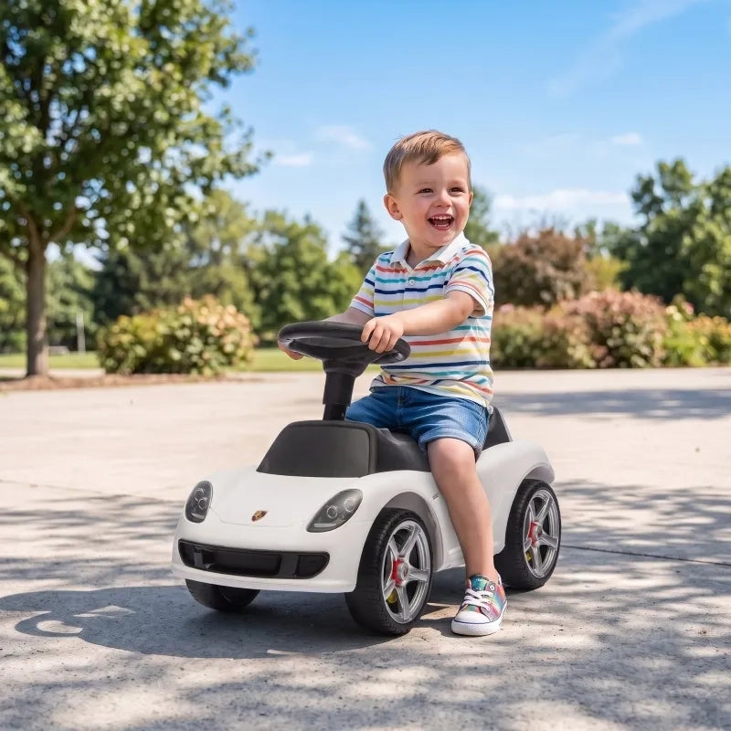 Auto a spinta per bambini Porsche bianca, con clacson, luci e suoni del motore, per 18-36 mesi