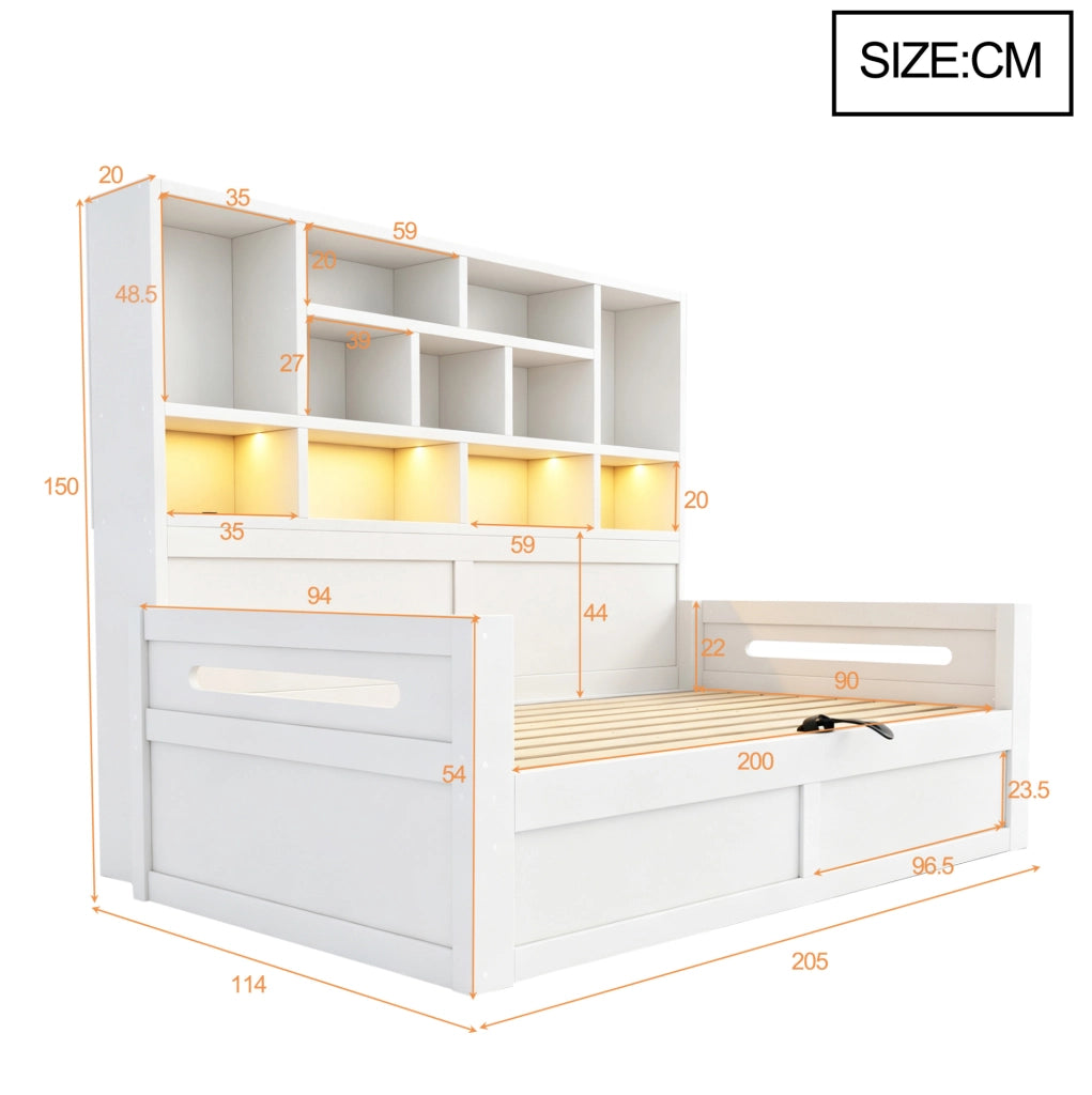 Letto multifunzione 90x200 cm con contenitore idraulico; LED e prese; bianco