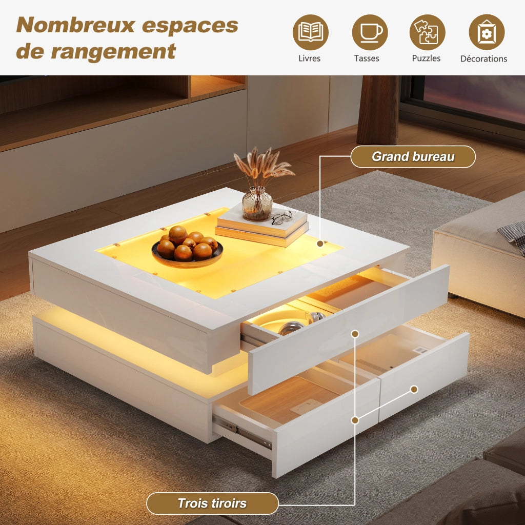 Tavolino da salotto quadrato 70x70x35 cm con LED; 3 cassetti; piano in vetro; bianco lucido
