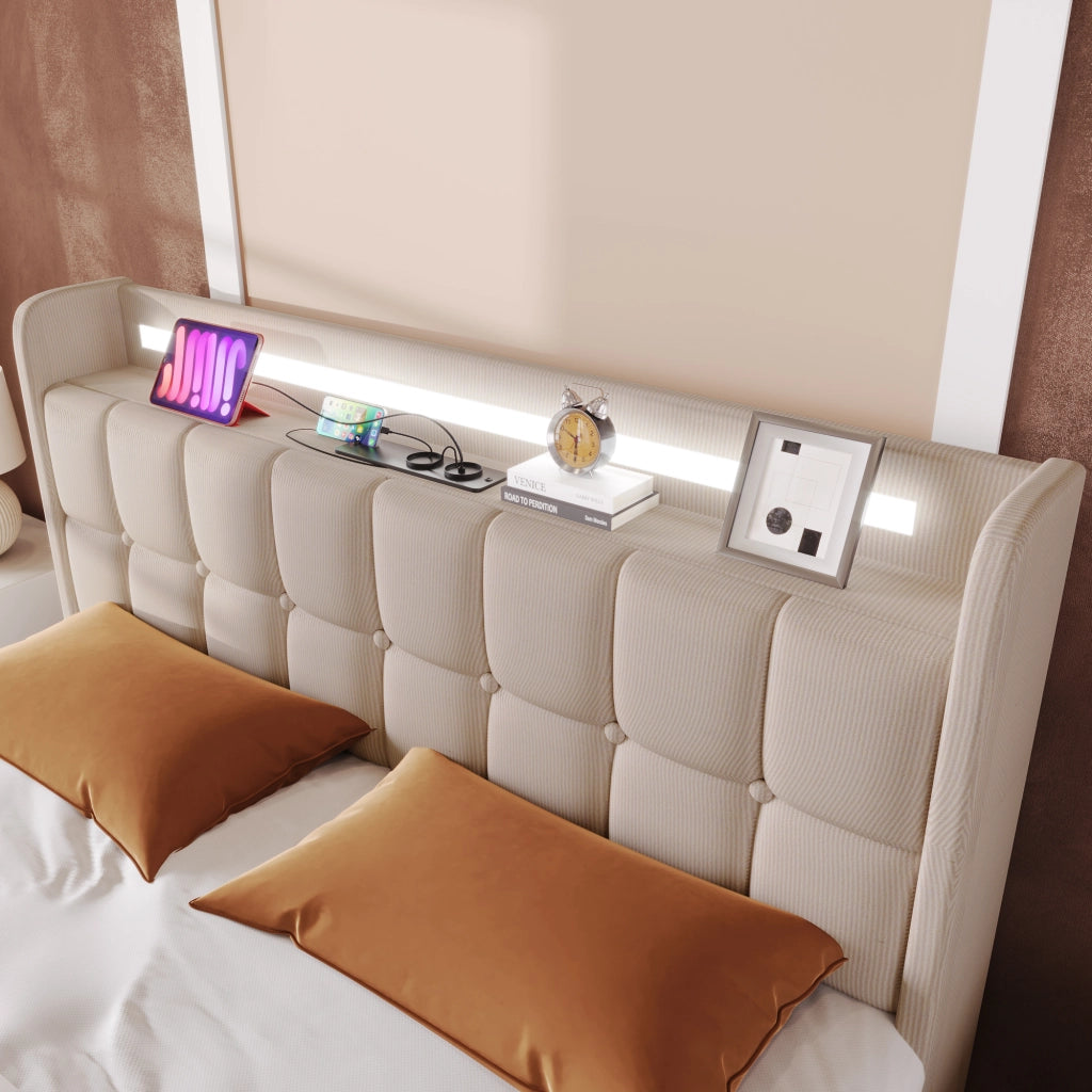 Letto con cassetti 180 × 200 cm con 4 cassetti LED prese USB e testiera imbottita beige