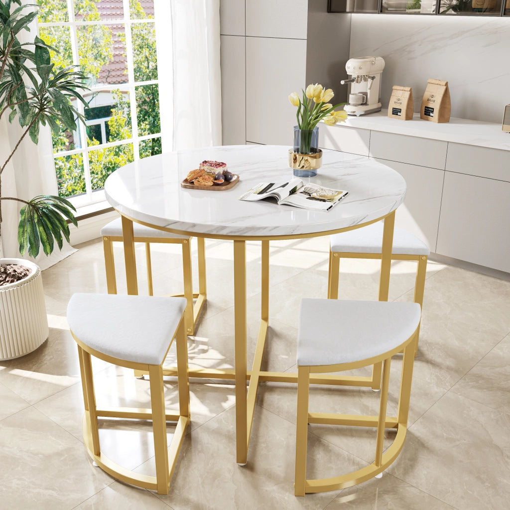 Set tavolo da pranzo rotondo 80 cm con 4 sedie bianco oro
