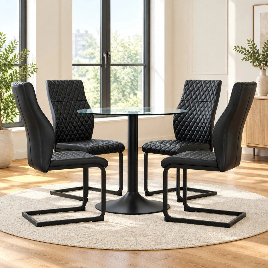Set tavolo da pranzo rotondo Ø85 cm in vetro con 4 sedie in PU nere HOMVRA