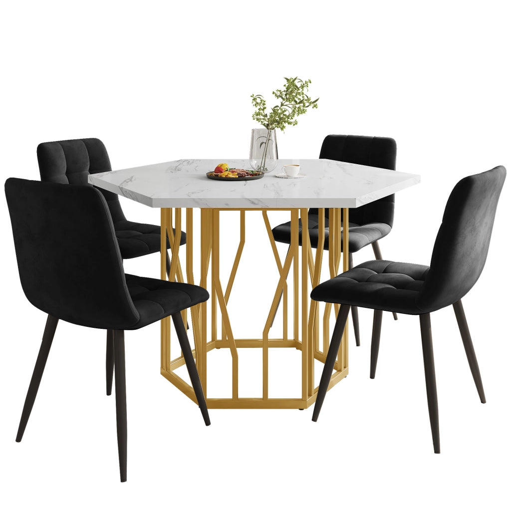 Set tavolo da pranzo e 4 sedie, design marmo e oro