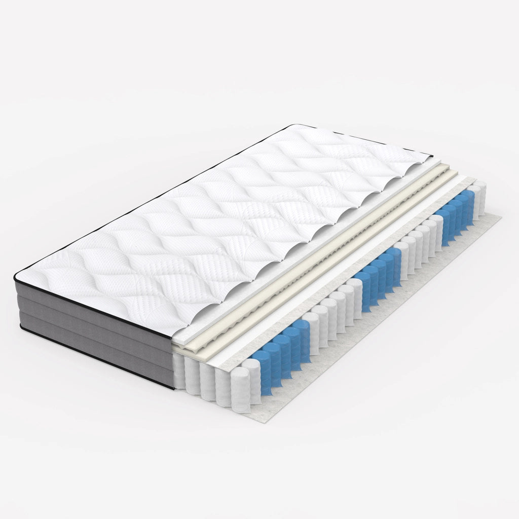 Materasso a molle insacchettate a 7 zone in schiuma memory altezza circa 20 cm bianco e grigio
