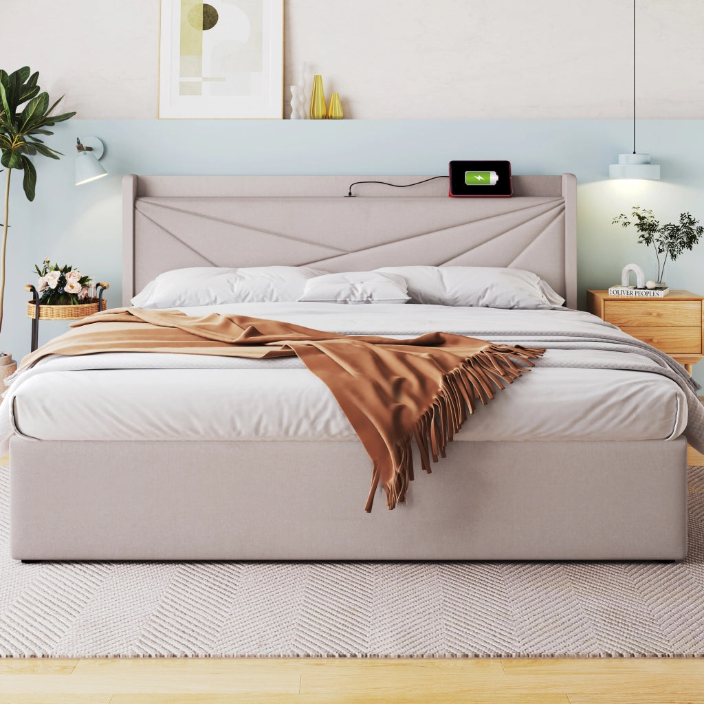 Letto contenitore matrimoniale 160 × 200 cm con USB e Type-C, testiera imbottita e materasso incluso, beige