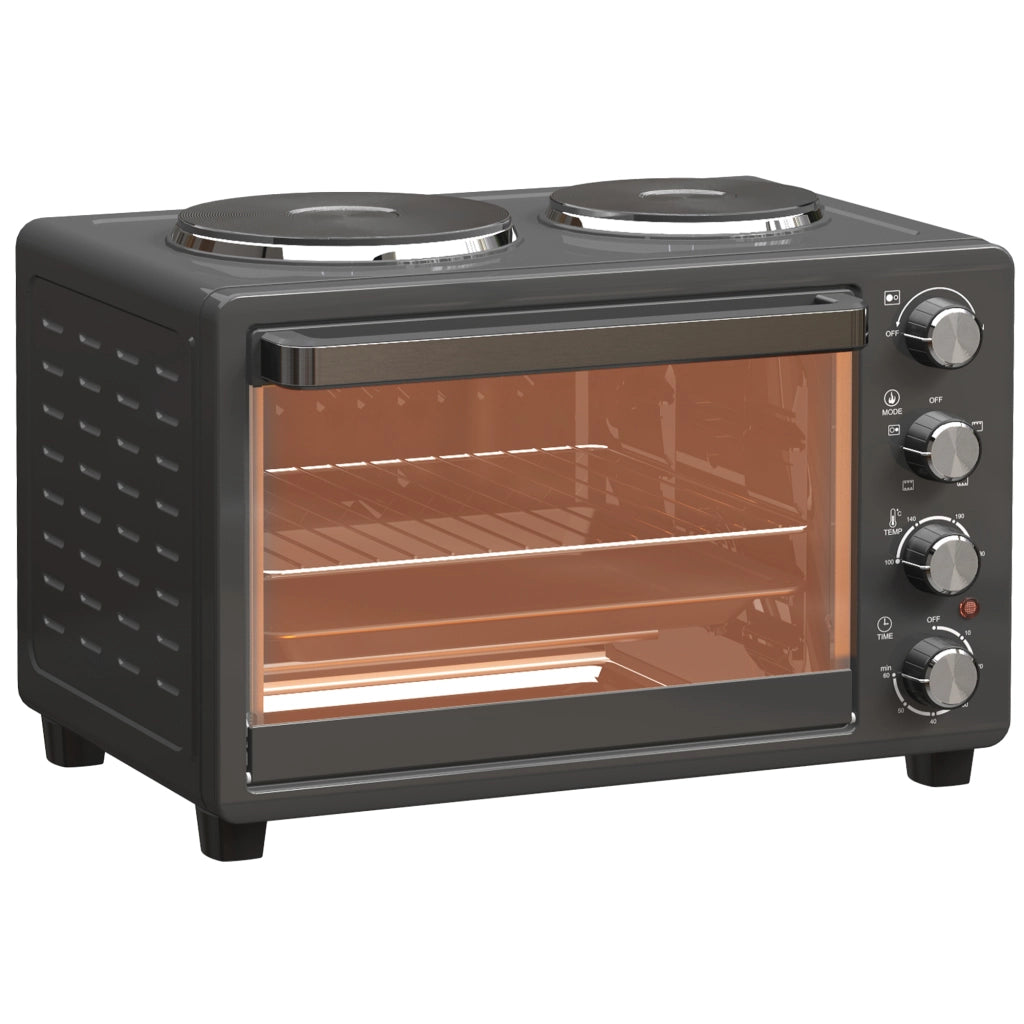 Mini Forno Elettrico 28L 2600W, 100-230°C, Timer 60 Min, con 2 Piastre Riscaldanti, Teglia, Griglia e Vassoio Briciole, Maniglia, Nero
