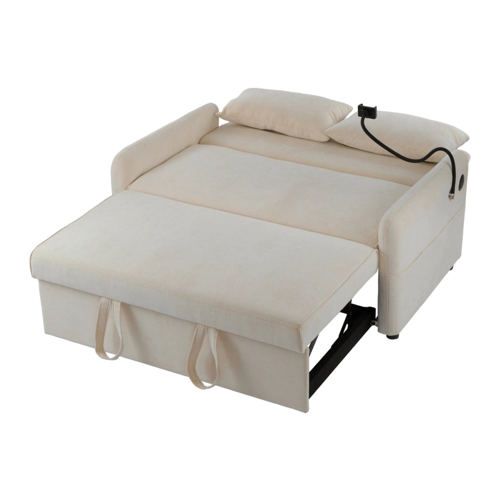 Divano letto a 2 posti in ciniglia beige; schienale regolabile; USB e porta telefono