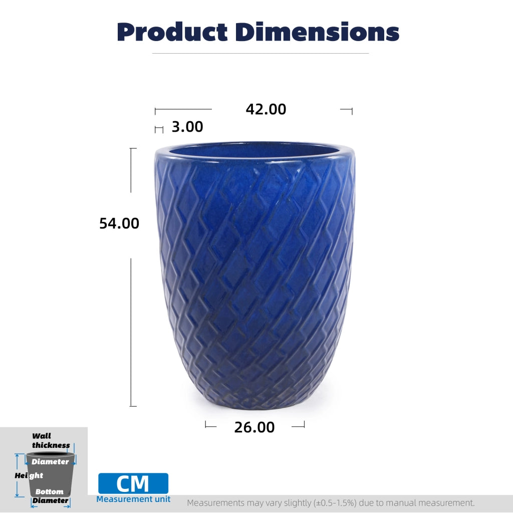 Vaso da fiori artigianale in ceramica blu navy con motivo a rombi per piante grandi da interno ed esterno 42 × 54 cm