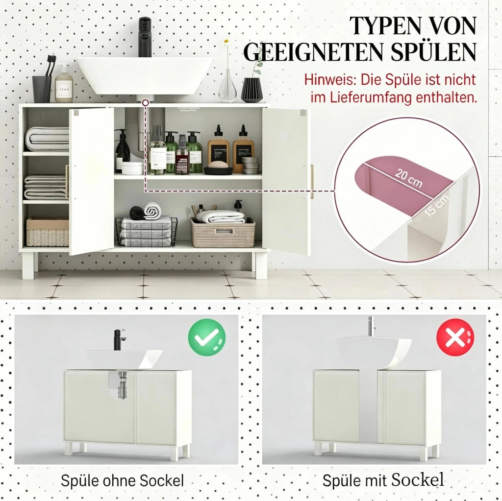 Mobile sottolavabo con 2 ante e ripiani regolabili; 90 × 30 × 63 cm; MDF e truciolare crema