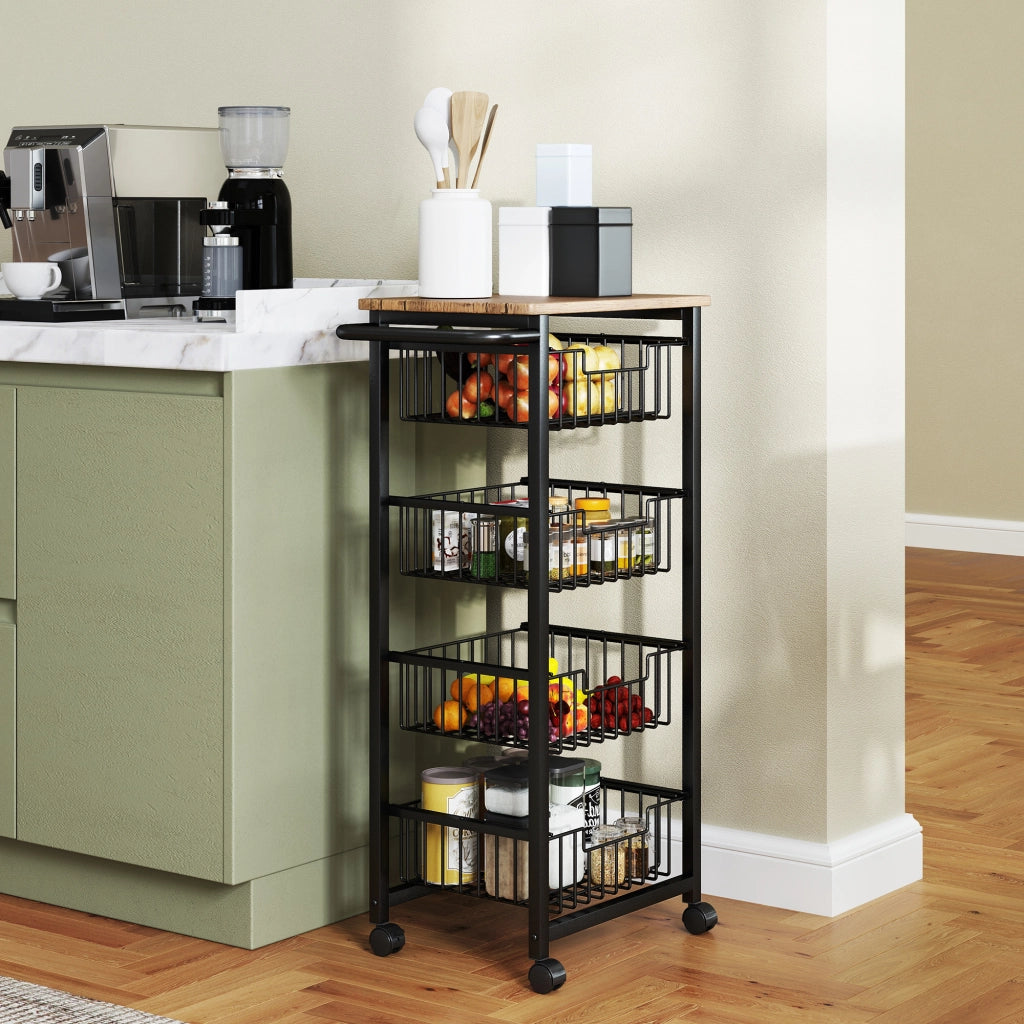 Carrello da Cucina Salvaspazio in Acciaio e Legno con 4 Cestini Estraibili e Ruote con Freno 49.5x31x91 cm Rovere