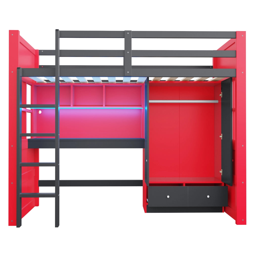 Letto a Soppalco 90x200 cm, Singolo - LED, prese elettriche, armadio e cassetti