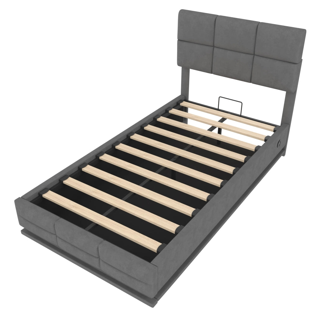 Letto singolo 90x200 cm con contenitore; testiera regolabile; LED e USB; velluto grigio scuro