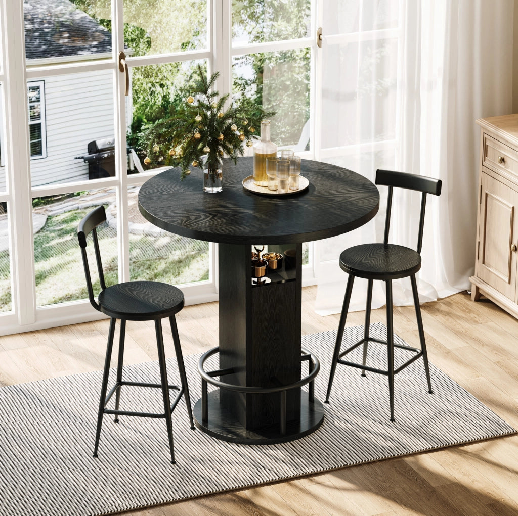 Set tavolo bar rotondo con 2 sgabelli, 80 cm, nero, con vani contenitore