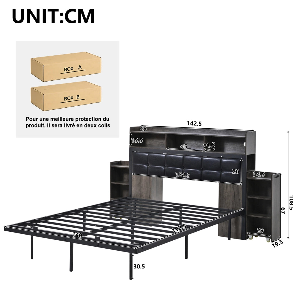 Letto matrimoniale 140x190 cm grigio con LED, ricarica USB/USB-C e comodini estraibili