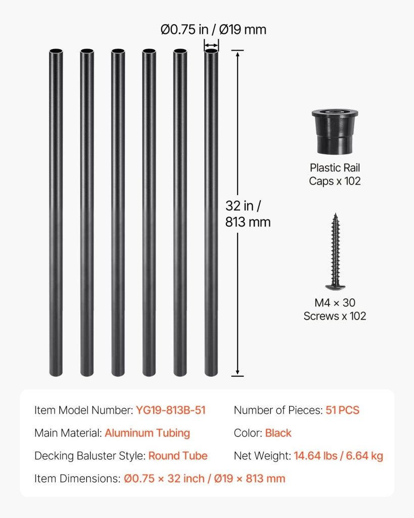 Per scale, patio, portico e recinzione: 51 balaustre in alluminio nero opaco Ø19 x 813 mm, ringhiera tonda antiruggine con tappi e viti, per bricolage