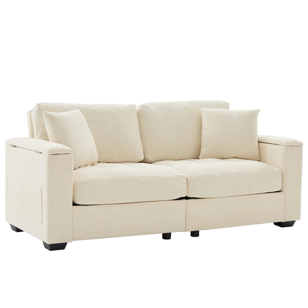 Divano 2 posti con contenitore ¨C Minimal ¨C Beige tessuto imbottito con cuscini
