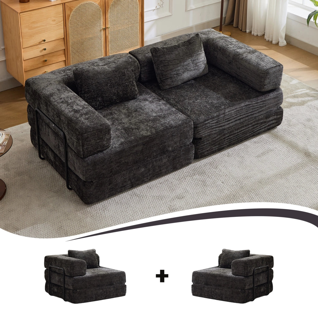 Divano letto convertibile 200x100x63 cm in ciniglia nera salvaspazio