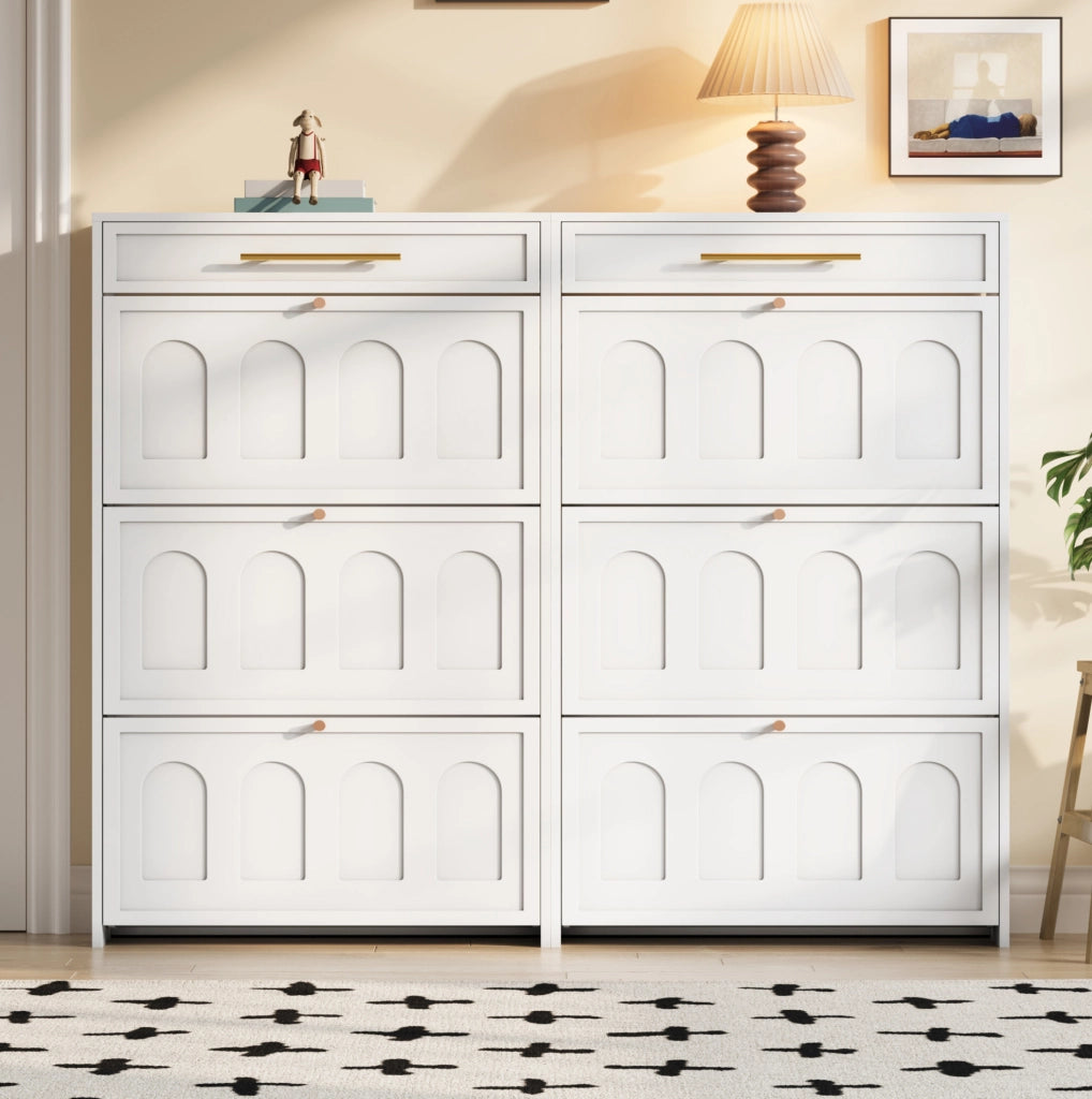 Mobile scarpiere bianco moderno in MDF con 12 ripiani e 2 cassetti, 140x25x123,5 cm