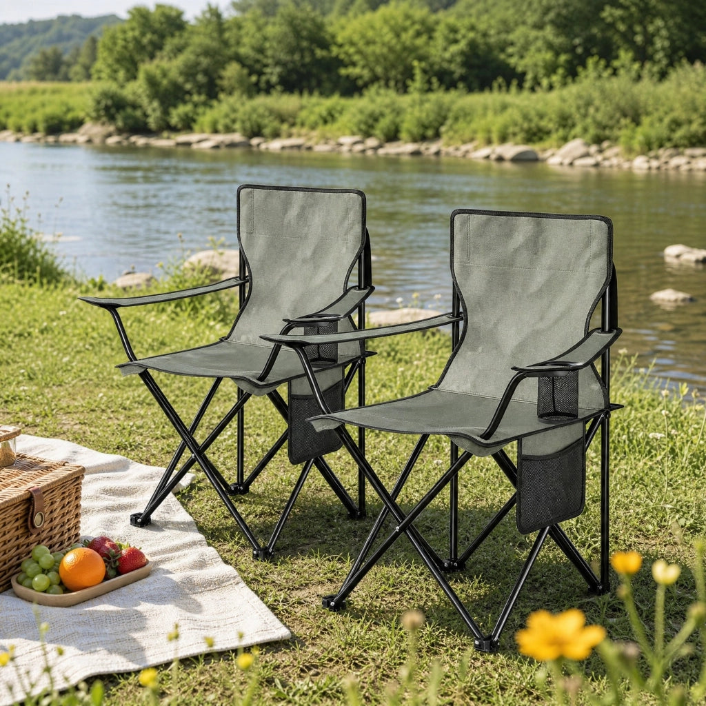 Set di sedie pieghevoli da campeggio a 2 posti in metallo, tessuto oxford e mesh, grigio scuro, con portabevande 47 × 76 × 80,5 cm