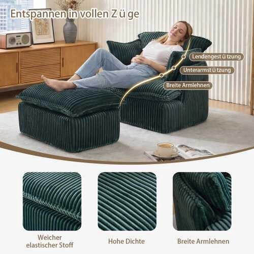 Poltrona Cloud Compressa con Pouf in Velluto a Coste; Senza Montaggio; Verde