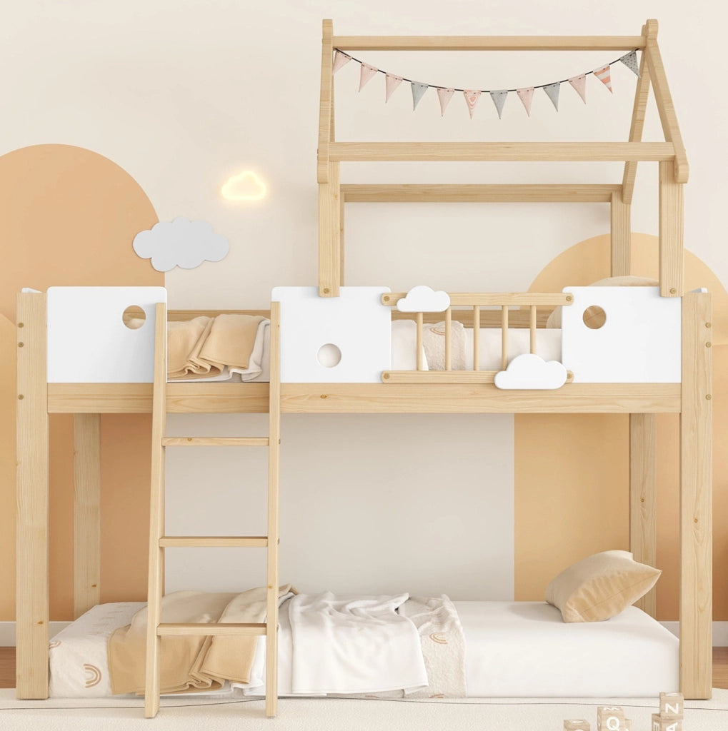 Letto a soppalco 90x200 cm bianco e naturale con tetto, barriera e scala
